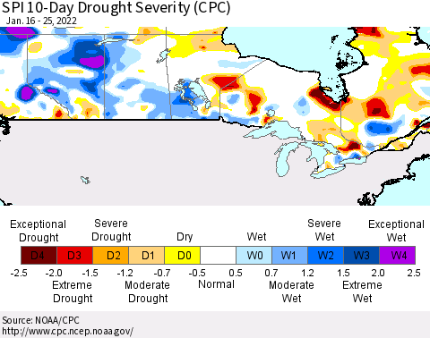 Canada SPI 10-Day Drought Severity (CPC) Thematic Map For 1/16/2022 - 1/25/2022