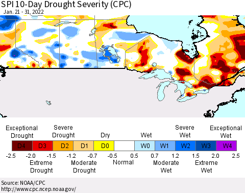 Canada SPI 10-Day Drought Severity (CPC) Thematic Map For 1/21/2022 - 1/31/2022
