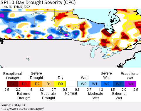 Canada SPI 10-Day Drought Severity (CPC) Thematic Map For 1/26/2022 - 2/5/2022
