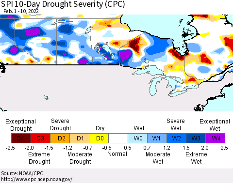 Canada SPI 10-Day Drought Severity (CPC) Thematic Map For 2/1/2022 - 2/10/2022