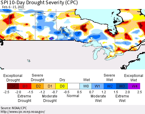 Canada SPI 10-Day Drought Severity (CPC) Thematic Map For 2/6/2022 - 2/15/2022