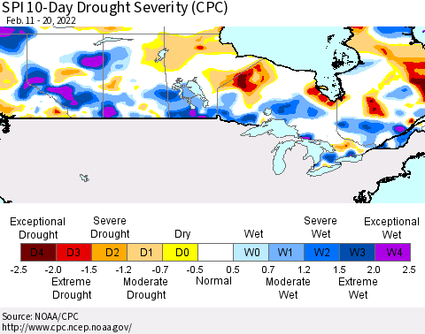 Canada SPI 10-Day Drought Severity (CPC) Thematic Map For 2/11/2022 - 2/20/2022