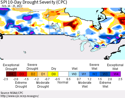 Canada SPI 10-Day Drought Severity (CPC) Thematic Map For 2/16/2022 - 2/25/2022