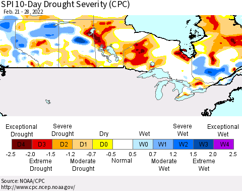 Canada SPI 10-Day Drought Severity (CPC) Thematic Map For 2/21/2022 - 2/28/2022