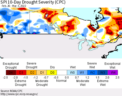 Canada SPI 10-Day Drought Severity (CPC) Thematic Map For 2/26/2022 - 3/5/2022
