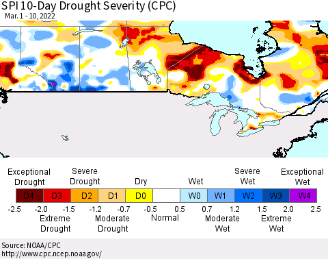 Canada SPI 10-Day Drought Severity (CPC) Thematic Map For 3/1/2022 - 3/10/2022