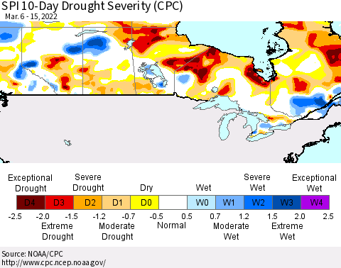 Canada SPI 10-Day Drought Severity (CPC) Thematic Map For 3/6/2022 - 3/15/2022