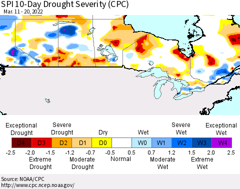 Canada SPI 10-Day Drought Severity (CPC) Thematic Map For 3/11/2022 - 3/20/2022