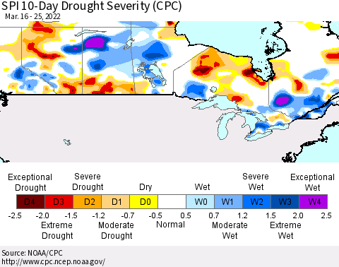 Canada SPI 10-Day Drought Severity (CPC) Thematic Map For 3/16/2022 - 3/25/2022