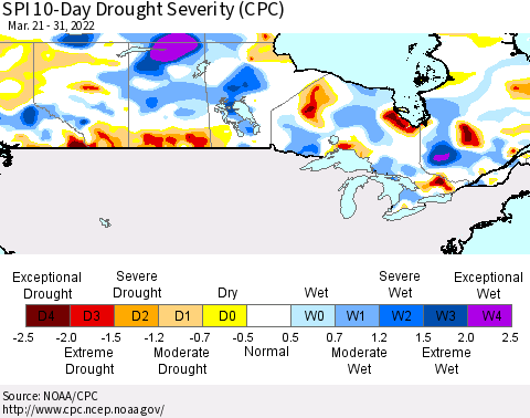 Canada SPI 10-Day Drought Severity (CPC) Thematic Map For 3/21/2022 - 3/31/2022
