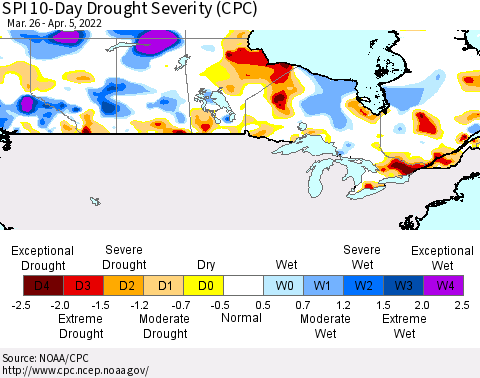 Canada SPI 10-Day Drought Severity (CPC) Thematic Map For 3/26/2022 - 4/5/2022