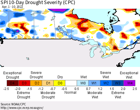 Canada SPI 10-Day Drought Severity (CPC) Thematic Map For 4/1/2022 - 4/10/2022