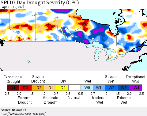 Canada SPI 10-Day Drought Severity (CPC) Thematic Map For 4/6/2022 - 4/15/2022