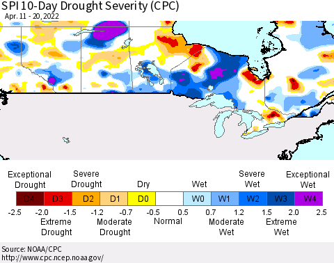Canada SPI 10-Day Drought Severity (CPC) Thematic Map For 4/11/2022 - 4/20/2022