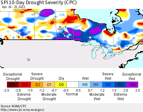 Canada SPI 10-Day Drought Severity (CPC) Thematic Map For 4/16/2022 - 4/25/2022