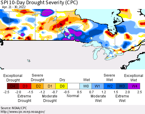 Canada SPI 10-Day Drought Severity (CPC) Thematic Map For 4/21/2022 - 4/30/2022