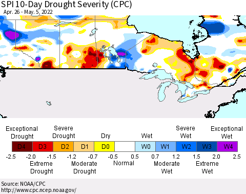 Canada SPI 10-Day Drought Severity (CPC) Thematic Map For 4/26/2022 - 5/5/2022