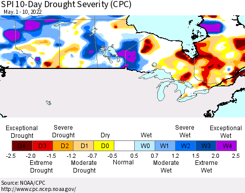 Canada SPI 10-Day Drought Severity (CPC) Thematic Map For 5/1/2022 - 5/10/2022
