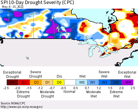 Canada SPI 10-Day Drought Severity (CPC) Thematic Map For 5/6/2022 - 5/15/2022