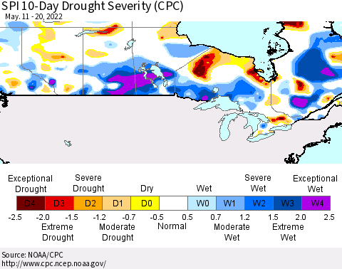 Canada SPI 10-Day Drought Severity (CPC) Thematic Map For 5/11/2022 - 5/20/2022