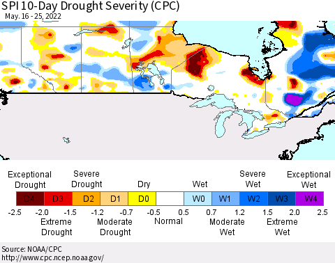Canada SPI 10-Day Drought Severity (CPC) Thematic Map For 5/16/2022 - 5/25/2022