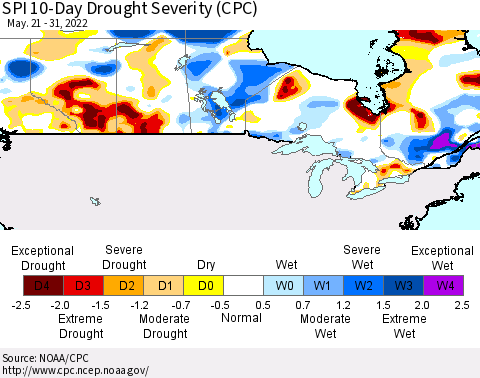 Canada SPI 10-Day Drought Severity (CPC) Thematic Map For 5/21/2022 - 5/31/2022