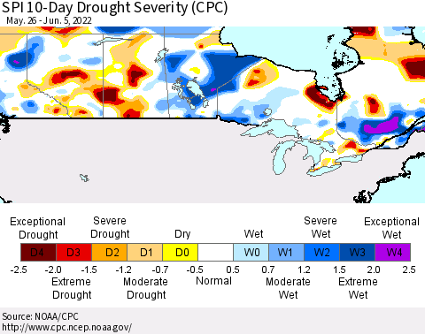 Canada SPI 10-Day Drought Severity (CPC) Thematic Map For 5/26/2022 - 6/5/2022