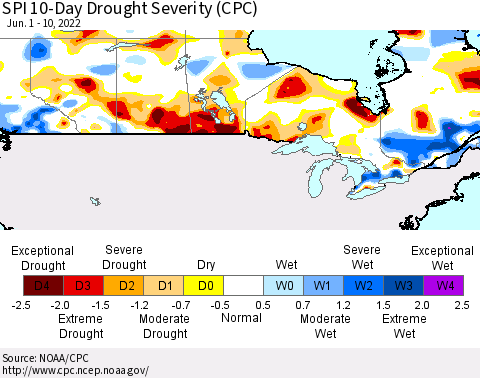 Canada SPI 10-Day Drought Severity (CPC) Thematic Map For 6/1/2022 - 6/10/2022
