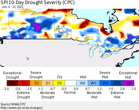 Canada SPI 10-Day Drought Severity (CPC) Thematic Map For 6/6/2022 - 6/15/2022