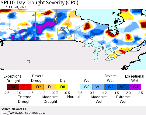 Canada SPI 10-Day Drought Severity (CPC) Thematic Map For 6/11/2022 - 6/20/2022