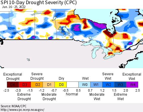 Canada SPI 10-Day Drought Severity (CPC) Thematic Map For 6/16/2022 - 6/25/2022