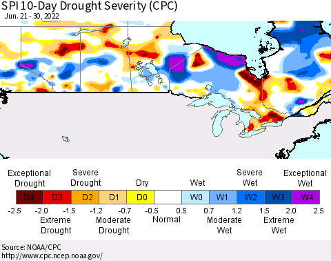 Canada SPI 10-Day Drought Severity (CPC) Thematic Map For 6/21/2022 - 6/30/2022