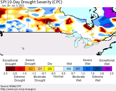 Canada SPI 10-Day Drought Severity (CPC) Thematic Map For 6/26/2022 - 7/5/2022