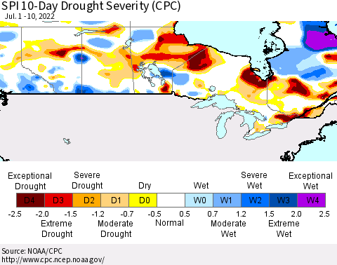 Canada SPI 10-Day Drought Severity (CPC) Thematic Map For 7/1/2022 - 7/10/2022