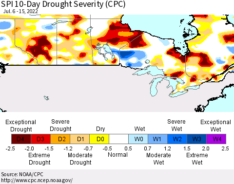 Canada SPI 10-Day Drought Severity (CPC) Thematic Map For 7/6/2022 - 7/15/2022
