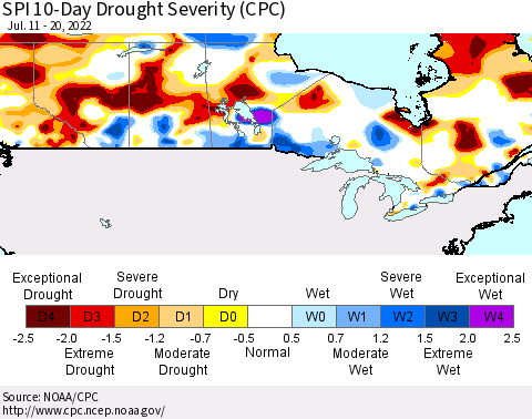 Canada SPI 10-Day Drought Severity (CPC) Thematic Map For 7/11/2022 - 7/20/2022