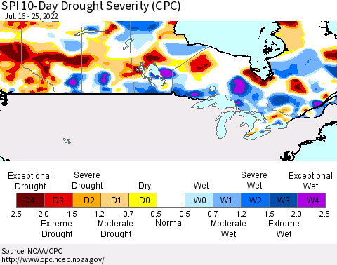 Canada SPI 10-Day Drought Severity (CPC) Thematic Map For 7/16/2022 - 7/25/2022