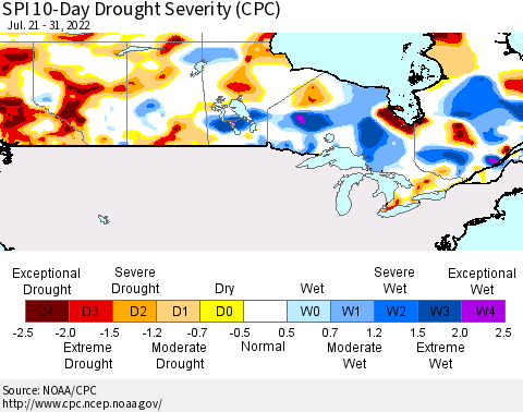 Canada SPI 10-Day Drought Severity (CPC) Thematic Map For 7/21/2022 - 7/31/2022