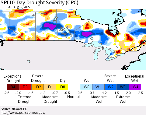Canada SPI 10-Day Drought Severity (CPC) Thematic Map For 7/26/2022 - 8/5/2022