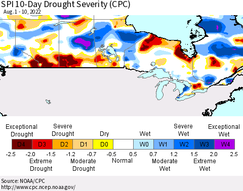 Canada SPI 10-Day Drought Severity (CPC) Thematic Map For 8/1/2022 - 8/10/2022