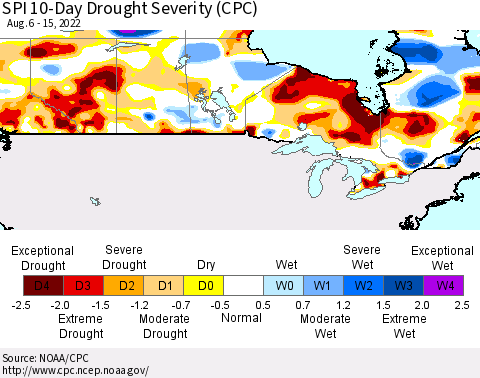 Canada SPI 10-Day Drought Severity (CPC) Thematic Map For 8/6/2022 - 8/15/2022