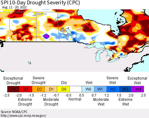 Canada SPI 10-Day Drought Severity (CPC) Thematic Map For 8/11/2022 - 8/20/2022