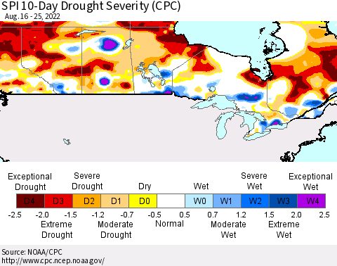 Canada SPI 10-Day Drought Severity (CPC) Thematic Map For 8/16/2022 - 8/25/2022