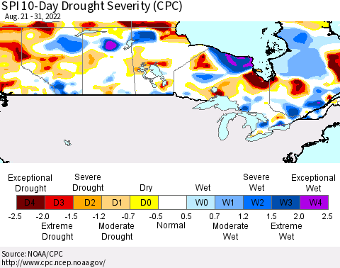 Canada SPI 10-Day Drought Severity (CPC) Thematic Map For 8/21/2022 - 8/31/2022