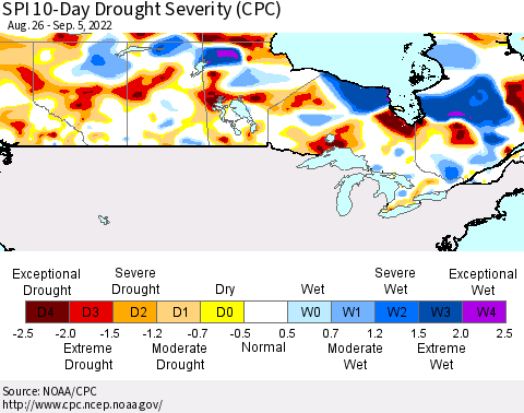 Canada SPI 10-Day Drought Severity (CPC) Thematic Map For 8/26/2022 - 9/5/2022