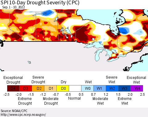 Canada SPI 10-Day Drought Severity (CPC) Thematic Map For 9/1/2022 - 9/10/2022