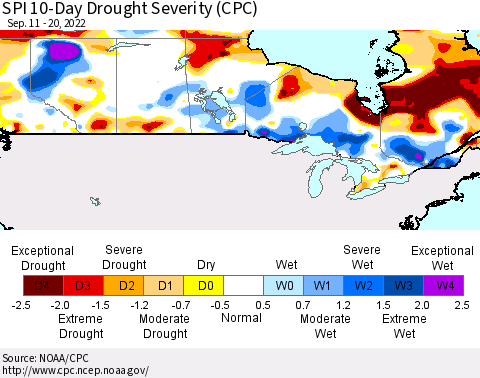 Canada SPI 10-Day Drought Severity (CPC) Thematic Map For 9/11/2022 - 9/20/2022