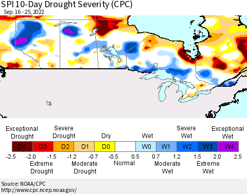 Canada SPI 10-Day Drought Severity (CPC) Thematic Map For 9/16/2022 - 9/25/2022
