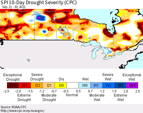 Canada SPI 10-Day Drought Severity (CPC) Thematic Map For 9/21/2022 - 9/30/2022