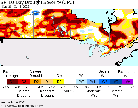 Canada SPI 10-Day Drought Severity (CPC) Thematic Map For 9/26/2022 - 10/5/2022